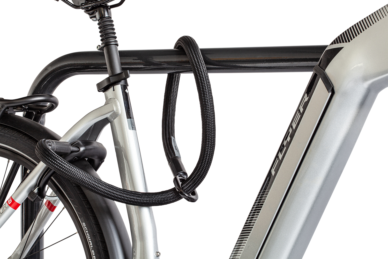 Flexible frame lock extension tex-lock mate in black secures frame to bike stand