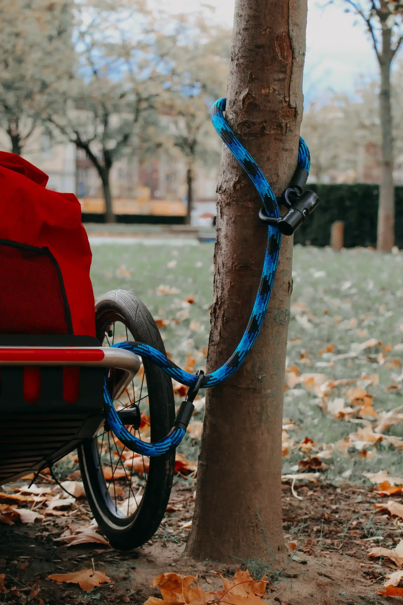 fahrradanhänger mit roter tasche am Baum angeschlossen mit blauem Fahrradanhänger Schloss