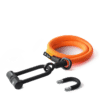 tex–lock eyelet in acid orange, Größe 120 cm, ineinander gewickelt mit X-lock am Seilende, kürzerer U-lock Bügel daneben