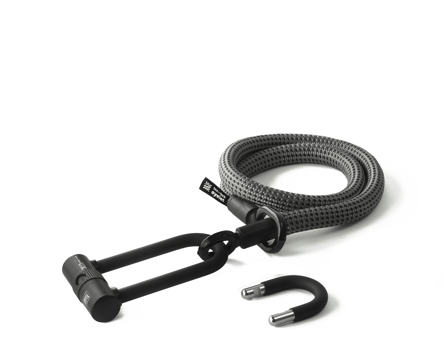 tex–lock eyelet in electric grey, Größe 120 cm, ineinander gewickelt mit X-lock am Seilende, kürzerer U-lock Bügel daneben