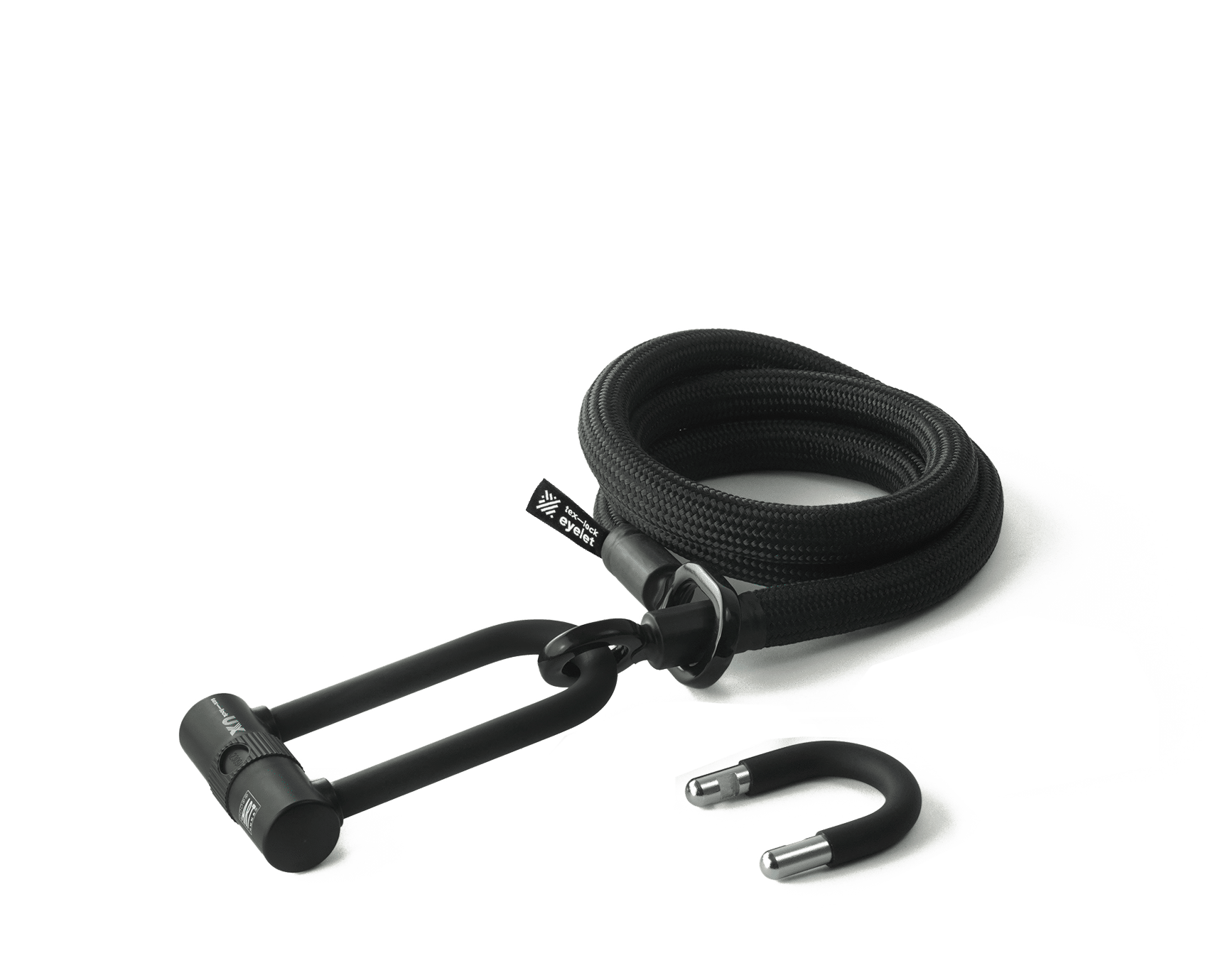 tex–lock eyelet in onyx black, Größe 160 cm, ineinander gewickelt mit X-lock am Seilende, kürzerer U-lock Bügel daneben