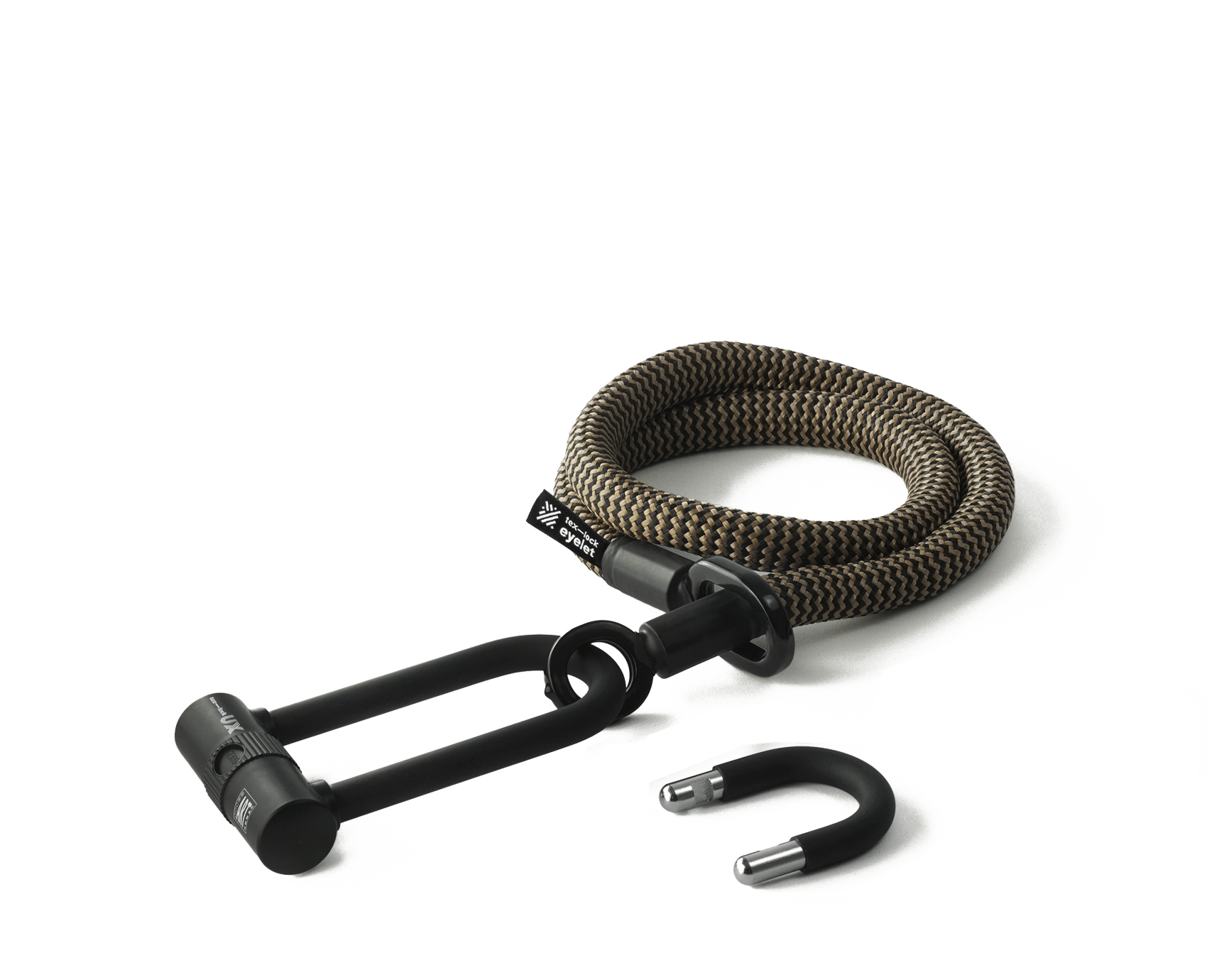 tex–lock eyelet in wild hemp, Größe 120 cm, ineinander gewickelt mit X-lock am Seilende, kürzerer U-lock Bügel daneben