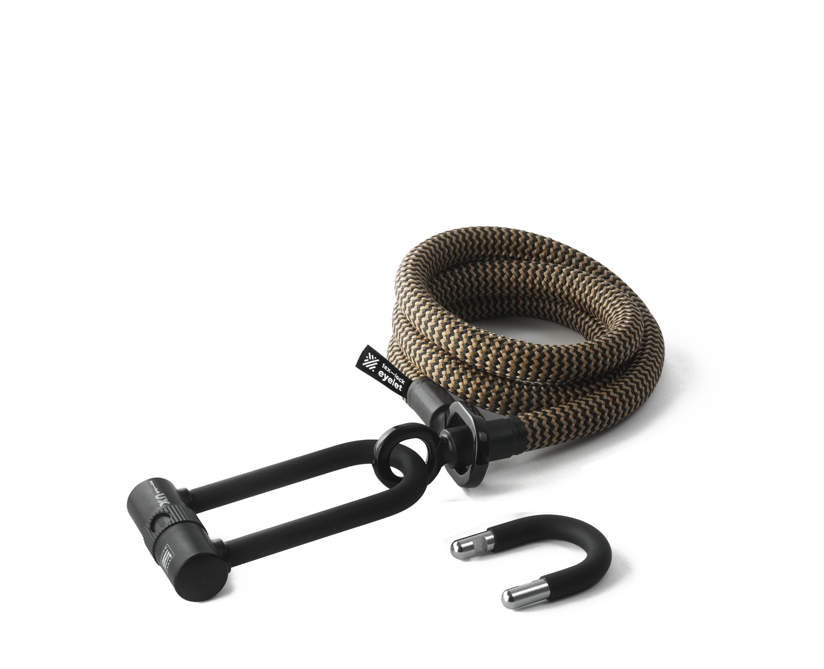 tex–lock eyelet in wild hemp, Größe 160 cm, ineinander gewickelt mit X-lock am Seilende, kürzerer U-lock Bügel daneben