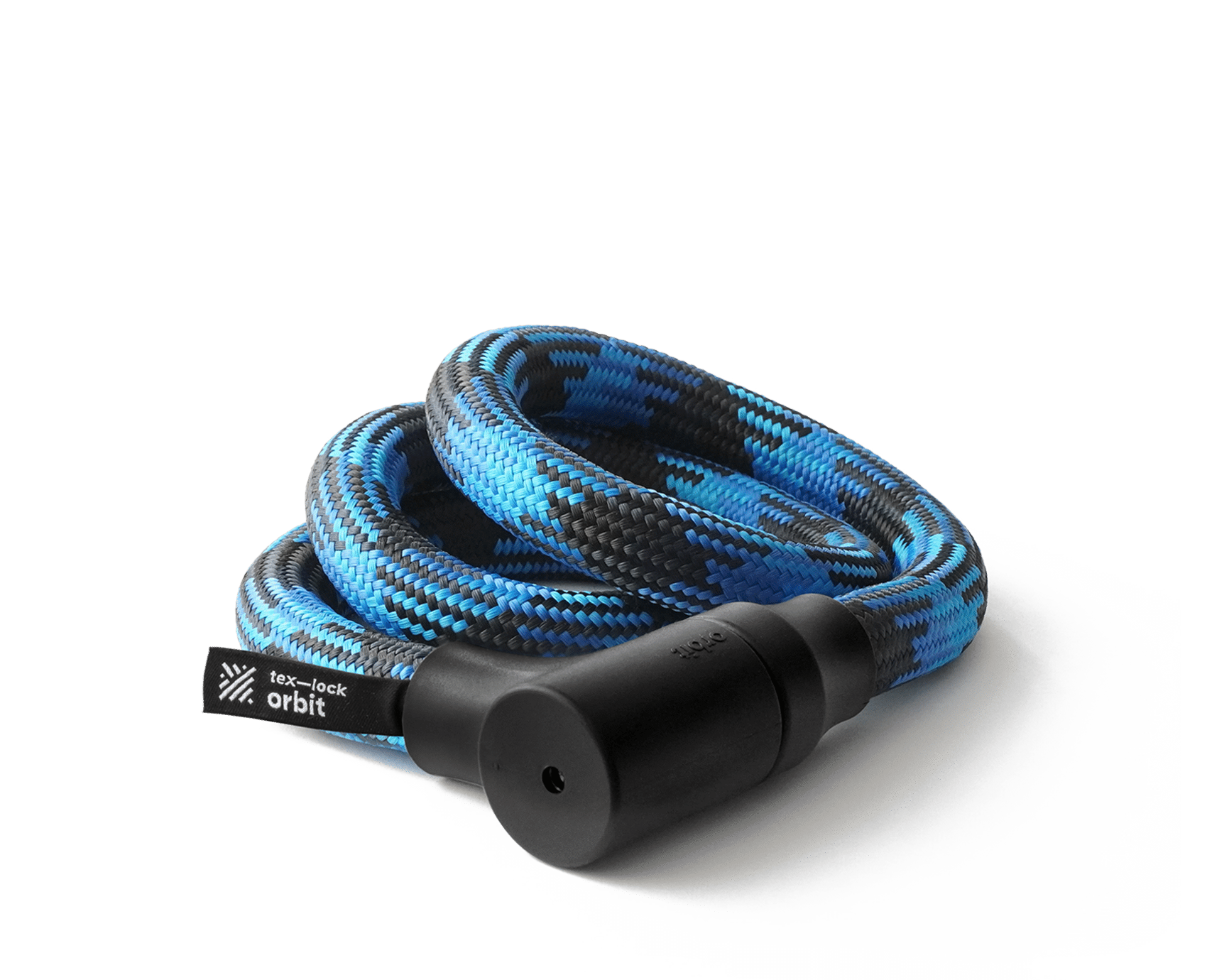 texlock orbit Bicycle lock with lockpicking secure lock body, 120 cm long, in colour variant morpho blue, flexibly coiled